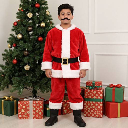 Photograph of a young boy with a mustache wearing a red Santa suit with white trim, standing in front of a decorated Christmas tree and wrapped presents