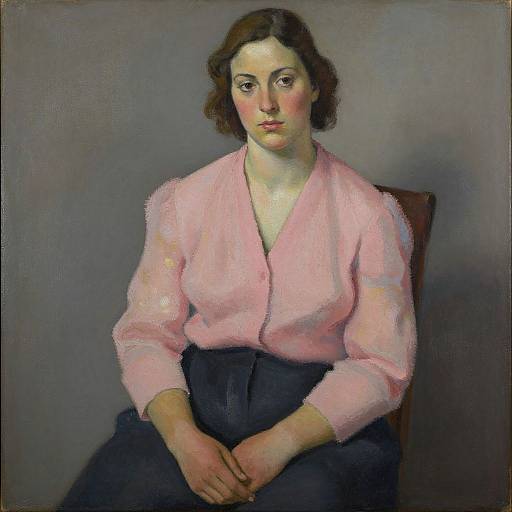 Oil painting of a young woman with fair skin, brown wavy hair, wearing a pink blouse and dark skirt, seated against a gray background.