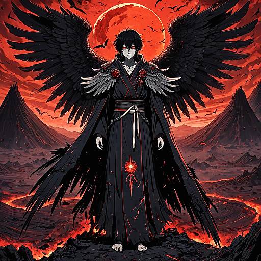 Haunting Fallen Angel in Volcanic Landscape