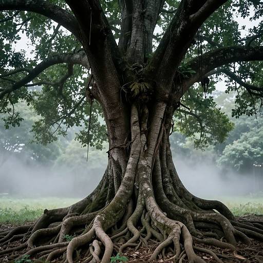 Photograph of a massive, gnarled tree with thick, intertwining roots, set against a misty, green forest background. Dark, textured