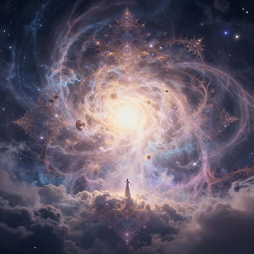 Digital artwork of a glowing celestial vortex with swirling purple and blue energy, snowflakes, and stars, centered on a lone figure in a long dress