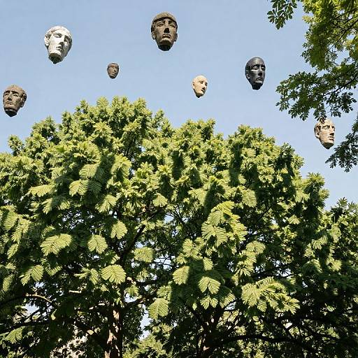 Photograph of seven sculpted human faces hanging above a lush green tree against a clear blue sky, creating an ethereal, surreal effect.