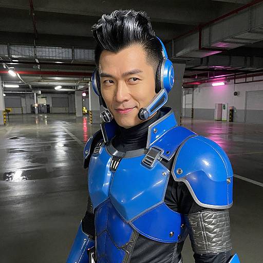 Photograph of an Asian man with black hair in blue, shiny sci-fi armor, headgear, smiling in a dimly lit parking garage.