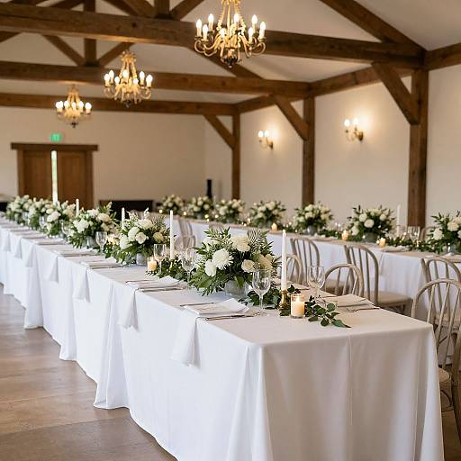 Photograph of an elegant, rustic wedding reception room featuring white-draped tables with floral centerpieces, chandeliers, wooden beams, and chairs