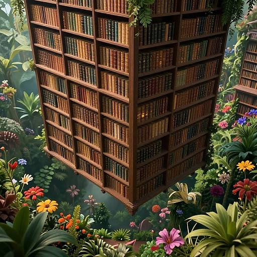 Digital artwork of a towering wooden bookshelf surrounded by vibrant, lush garden with colorful flowers and diverse greenery, bathed in sunlight.