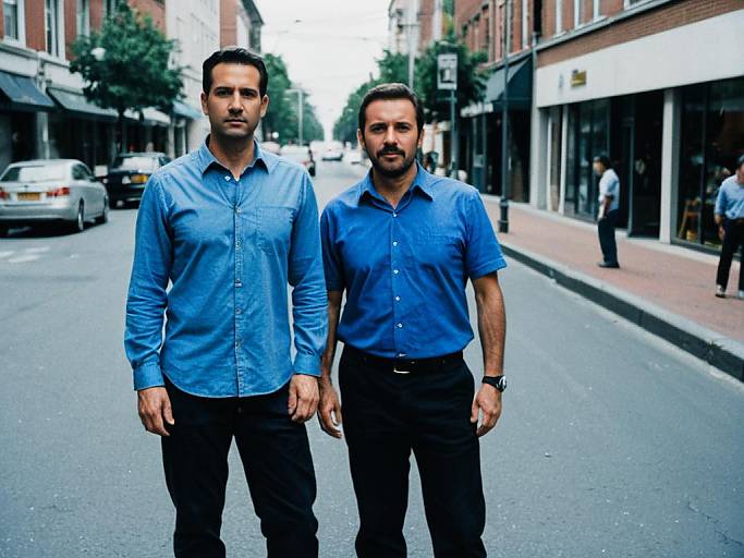 Photograph of two men standing on a city street, both wearing blue button-up shirts and black pants, with a street scene in the background.