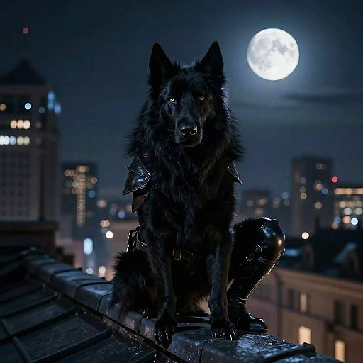 Digital artwork of a fierce, black wolf with glowing eyes, armor-like spikes, and sharp claws, sitting on a rooftop under a full moonlit city