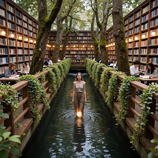 Photograph of a woman in a sheer, striped dress walking through a narrow, tree-lined library canal, surrounded by bookshelves and greenery.