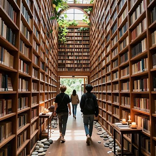 Photograph of a narrow, wooden bookshelf-lined library corridor with lit candles, smooth stones on the floor, and two people walking towards a bright,