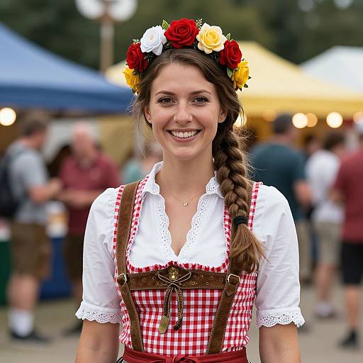 Photograph of a smiling woman with a braided brown hair, wearing a red and white checkered dress with brown leather straps, and a floral crown