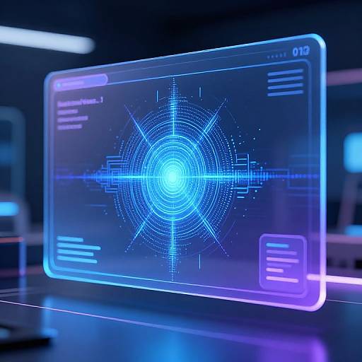 Digital holographic interface displaying a glowing blue circular grid with radial lines, floating against a dark, futuristic background.