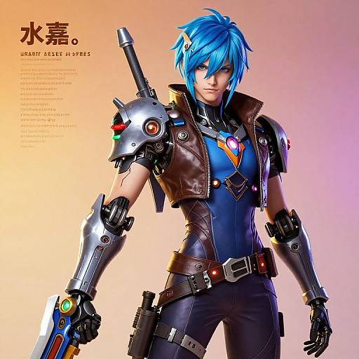 Futuristic Armored Warrior with Blue Hair