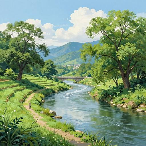 Digital painting of a vibrant, sunlit river flowing through lush green hills, bordered by tall trees, grassy banks, and a distant mountain under a
