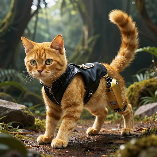 Photorealistic CGI of an orange tabby cat with green eyes, wearing a black tactical vest, standing on a forest path.