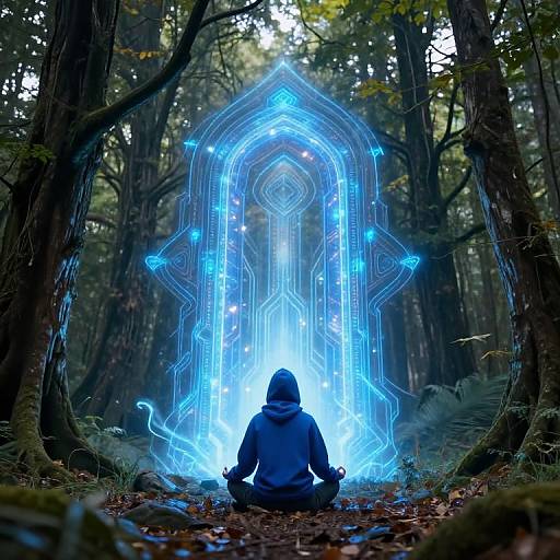 Meditation by Futuristic Blue Portal in Forest