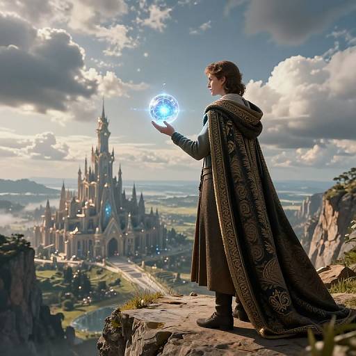 Magical wizard with ornate cloak, holding glowing orb, stands on rocky cliff, gazing at distant, majestic, blue-lit castle in expansive