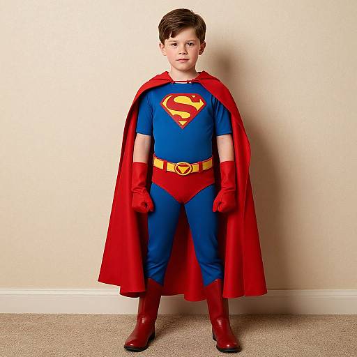 Photograph of a young boy dressed as Superman: blue shirt with red 