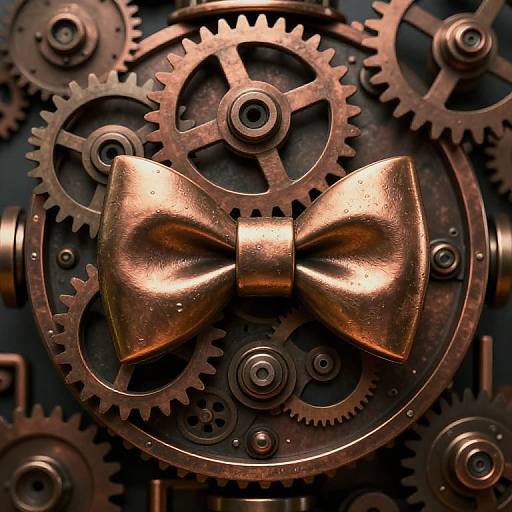 Photograph of a shiny, copper metallic bowtie centered among interlocking, dark brown gears and cogs, creating a steampunk aesthetic.