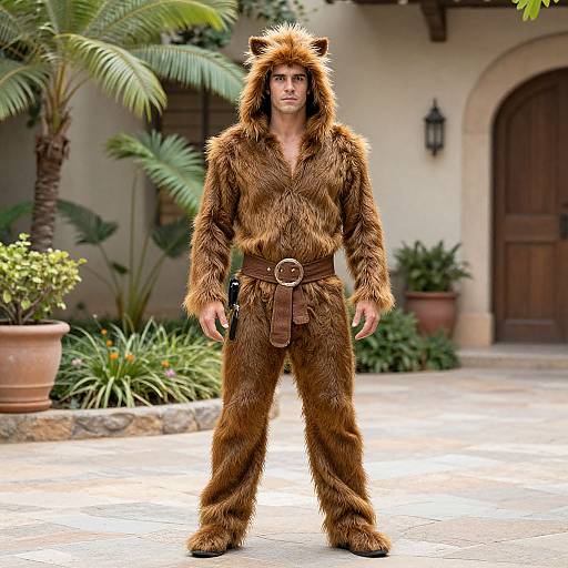 Photograph of a man in a brown, furry, bear costume with a hood and belt, standing on a stone-paved patio with palm plants and