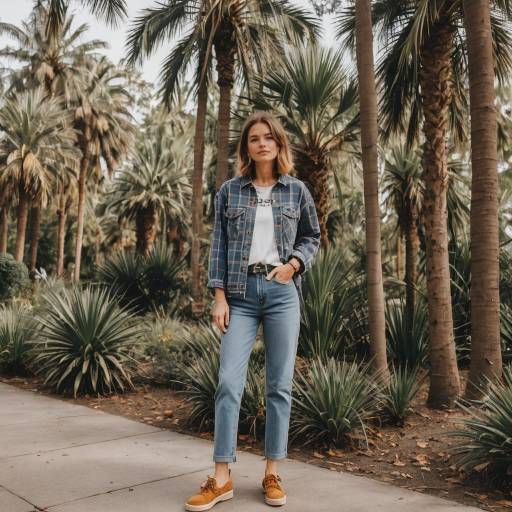 Slim Woman in 90s Denim Outfit by Palm Trees