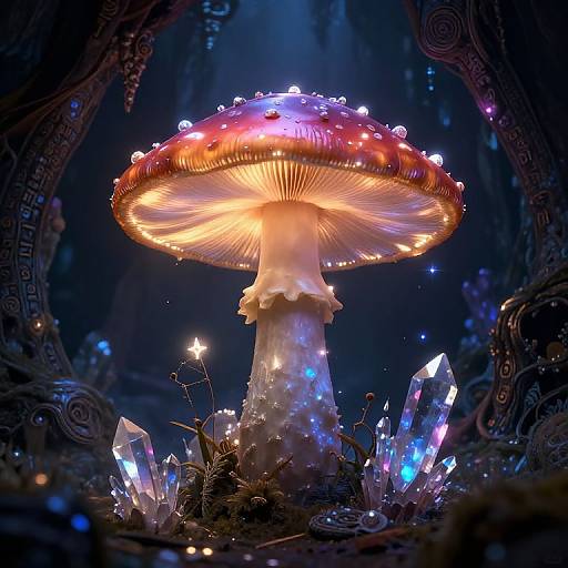 Fantastical digital artwork of a glowing, red-capped mushroom adorned with bioluminescent crystals, surrounded by ethereal blue and purple lights in