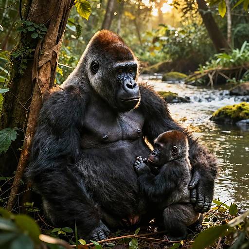 Protective Gorilla Family by Jungle River