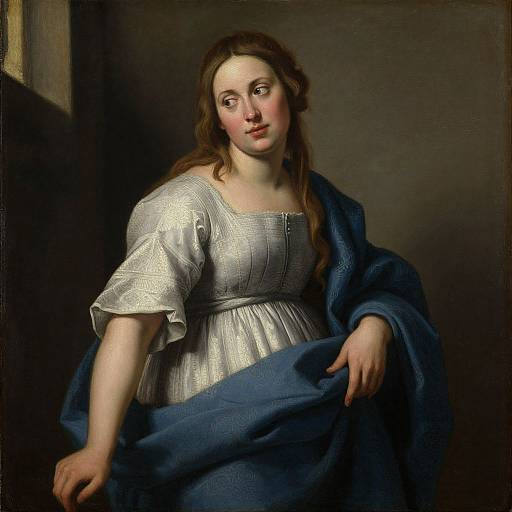 Baroque-style oil painting of a young woman with fair skin, brown hair, and soft expression, wearing a white dress and blue shawl, against