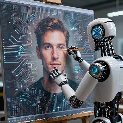 Photograph of a humanoid robot painting a digital portrait of a young man with brown hair on a circuit board background.