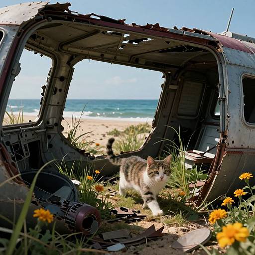 Photograph of a curious tabby cat with white paws standing in a rusted, abandoned car shell on a sunny beach, surrounded by yellow d