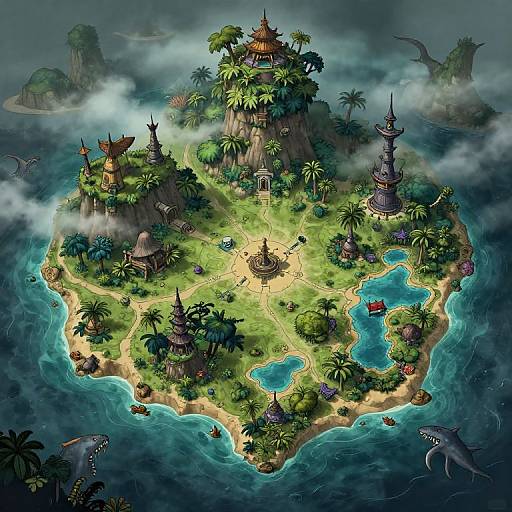 Fantasy island with lush greenery, pagodas, blue lagoons, and misty waters, surrounded by floating islands and sea creatures.
