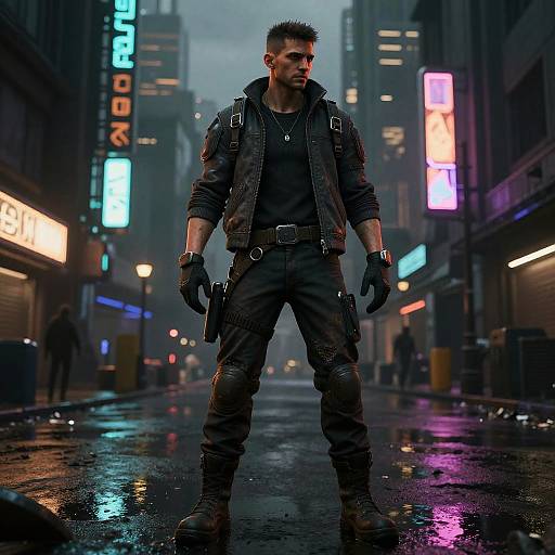 CGI image of a muscular, dark-haired man in a black leather jacket, gloves, and pants, holding a gun, standing in a neon-l