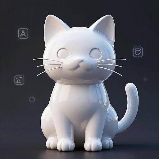 Photorealistic CGI white ceramic cat statue with large, blank white eyes, sitting on a dark background. Glossy texture, minimalist design.