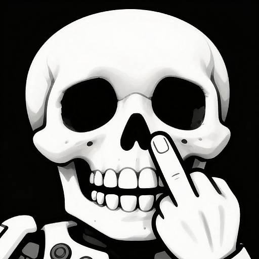 Digital black-and-white drawing of a skull with large hollow eyes, a toothy grin, and a finger pointing to its lips. Background is solid black