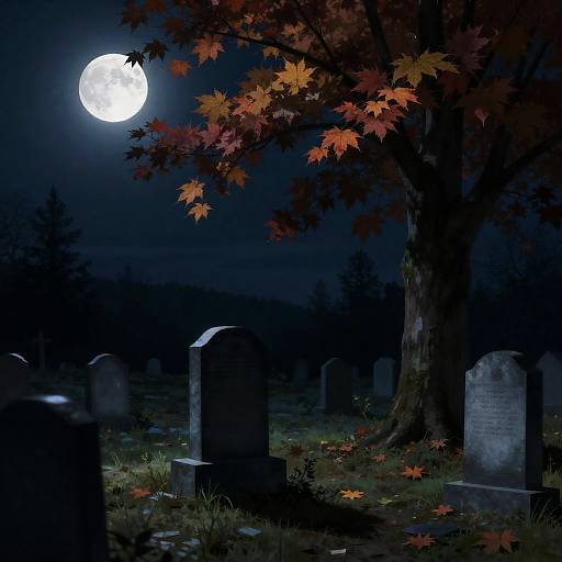 Nighttime graveyard scene with full moon, orange autumn leaves on tree, and dark gravestones scattered among grass and shadows.