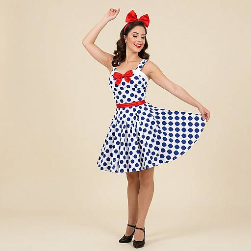 Photograph of a smiling woman in a vintage-style white dress with blue polka dots, red bow, and red belt, black heels, and red