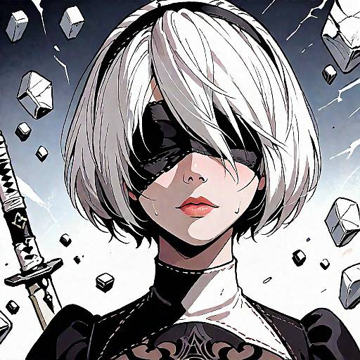 Blindfolded 2B with Broken Glass Reflection