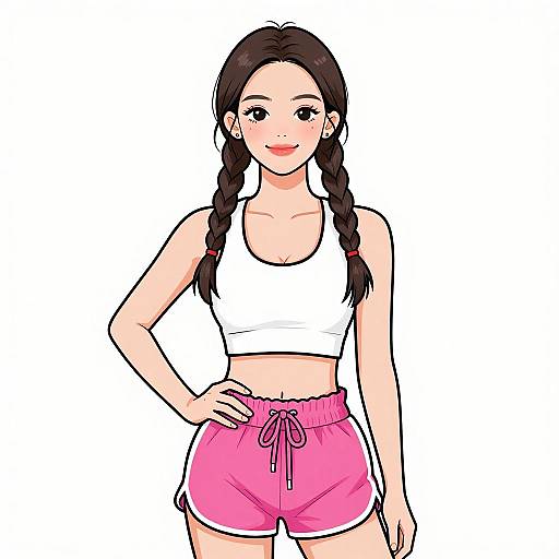 Digital anime-style drawing of a cute young woman with long black braids, wearing a white crop top and pink athletic shorts, standing confidently with a hand