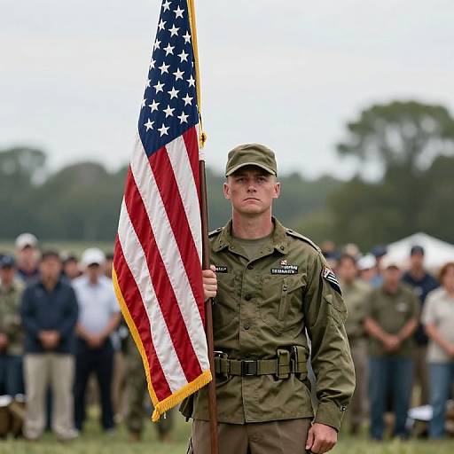 Solemn American Soldier with Flag