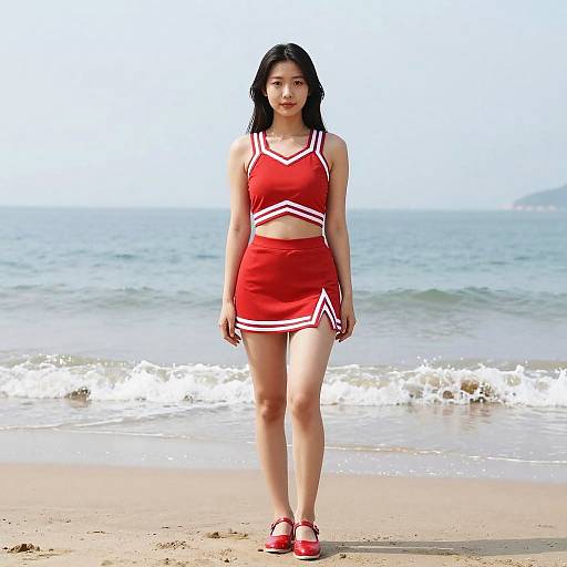 Woman in Red Cheer Costume on Beach