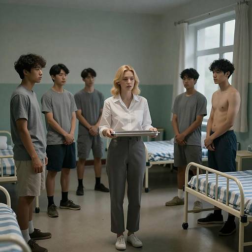 Woman Holding Tray in Institutional Room with Young Men