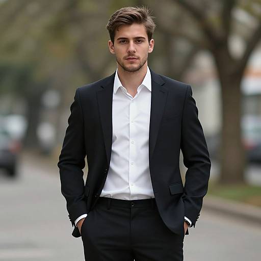 Photograph of a handsome, young man with light brown hair, wearing a black suit, white shirt, and hands in pockets, standing on a blurred