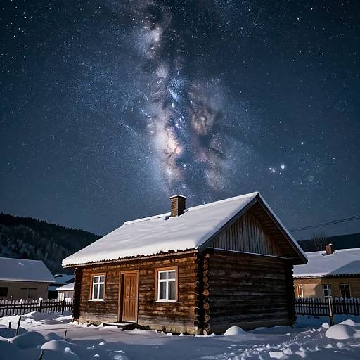 Photograph of a wooden cabin with a snow-covered roof, illuminated by the Milky Way galaxy in a starry night sky.