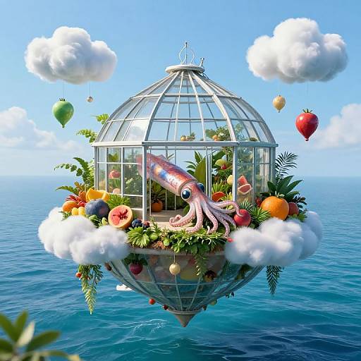 Digital artwork: Glass dome floating on blue sea, octopus inside, surrounded by colorful fruits, plants, and hot air balloons, under clear sky.