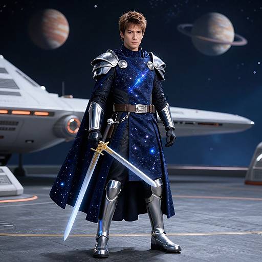 Digital art of a handsome, armored man with brown hair, holding a glowing blue sword, standing in a starry space with planets and a spaceship in