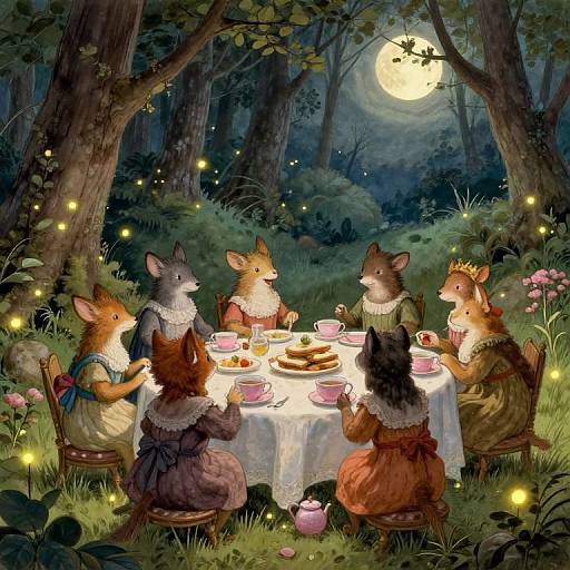 Illustration of six anthropomorphic foxes in Victorian dresses, having tea under a moonlit forest, surrounded by glowing fireflies and pink flowers.