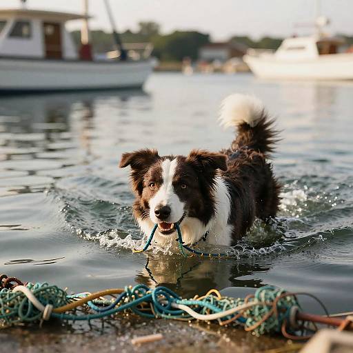 Border Collie Swimming in Harbor with Fishing Net