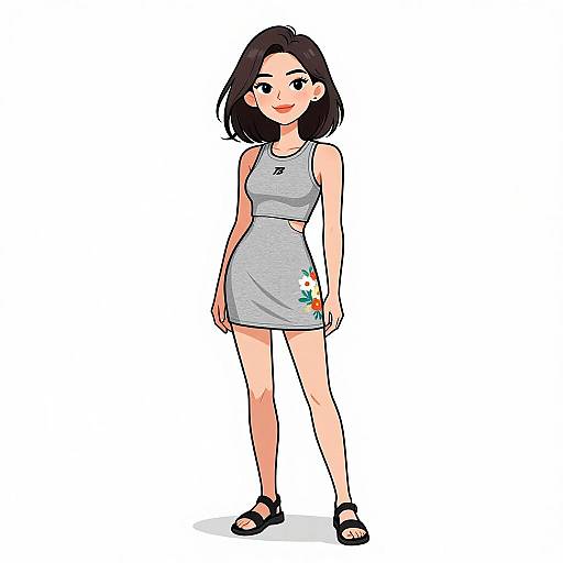 Digital anime-style illustration of a young woman with black bob haircut, wearing a gray, sleeveless, cut-out dress, and black sandals, standing against
