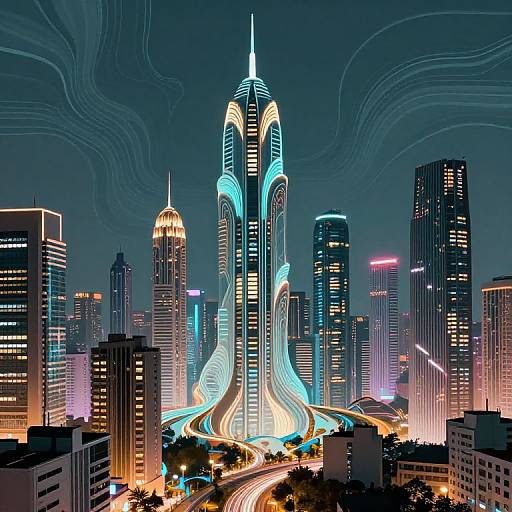 Digital artwork of a neon-lit, futuristic cityscape with a towering, blue-accented skyscraper at its center, surrounded by glowing buildings and