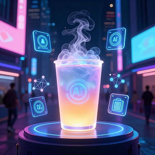 Digital illustration of a glowing, steamy iced coffee on a neon-lit city street, surrounded by floating cyber icons and holographic symbols.