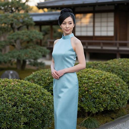 Photograph of an Asian woman in a light blue, sleeveless, high-neck cheongsam, standing in a traditional Japanese garden with greenery and